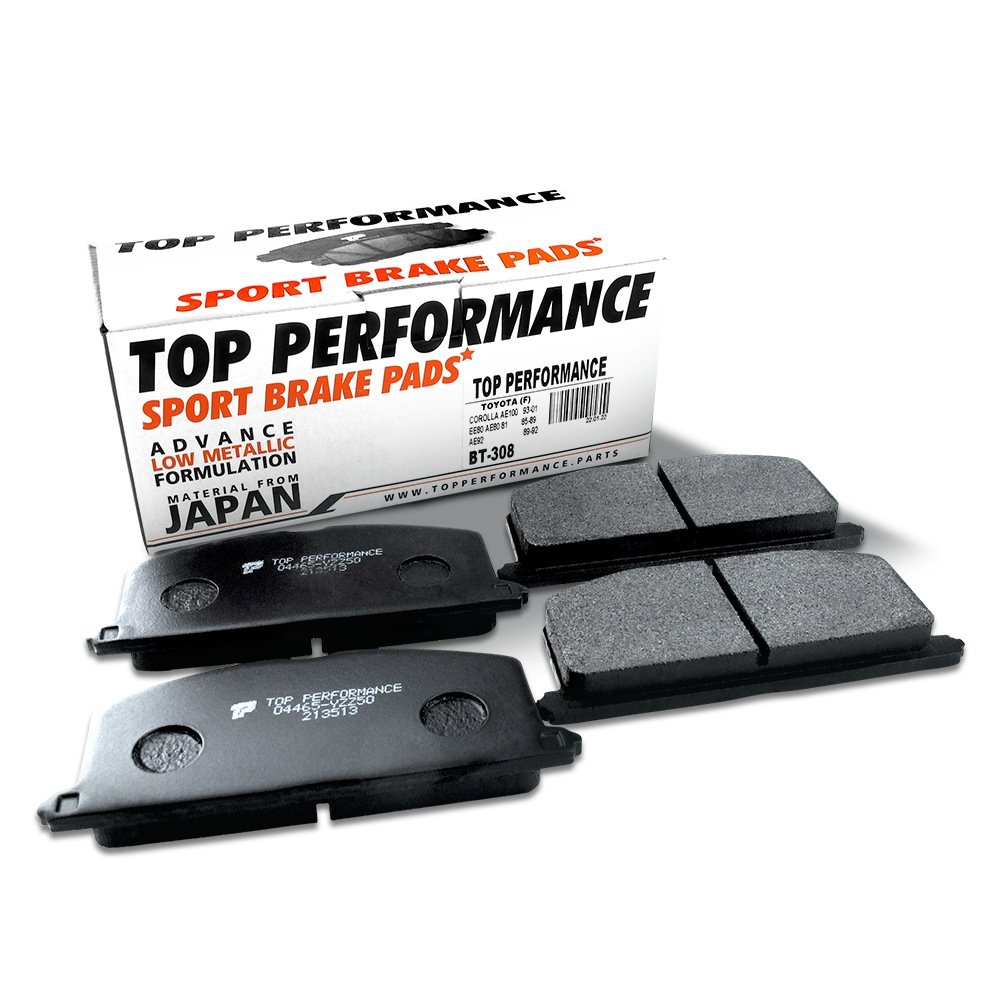 ผ้าเบรค หน้า TOYOTA COROLLA AE100 AE101 AE110 AE112 93-01 / EE80 AE80 AE81 AE92 / SOLUNA AL50 มุมส้ม หยดน้ำ / CORONA AT151 AT170 AT171 EP91 – BT 308 – TOP PERFORMANCE JAPAN – ผ้า ดิสเบรค เบรก โตโยต้า สามห่วง โดเรม่อน